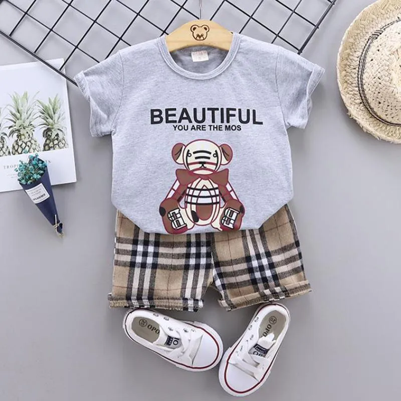 2-piece Bear Pattern T-shirt & Plaid Shorts for Toddler Boy Wholesale Children's Clothing