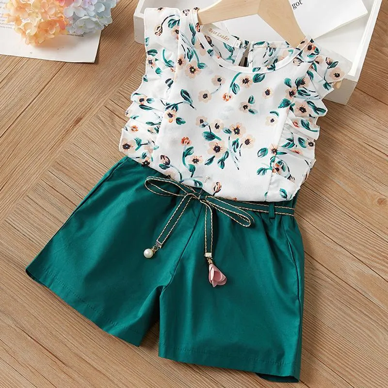 2-Piece Floral Ruffled Top and Solid Belted Shorts