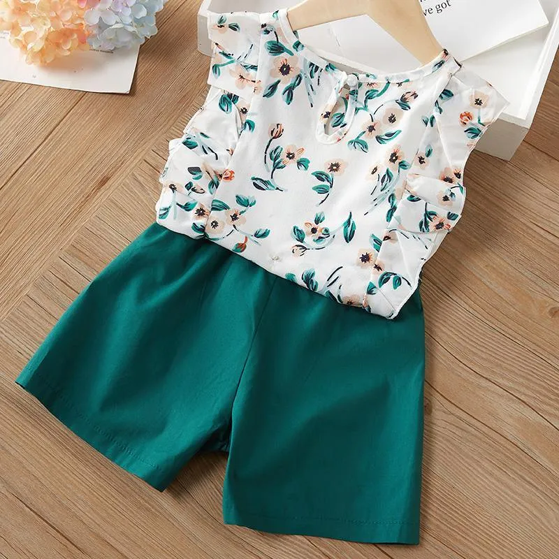 2-Piece Floral Ruffled Top and Solid Belted Shorts