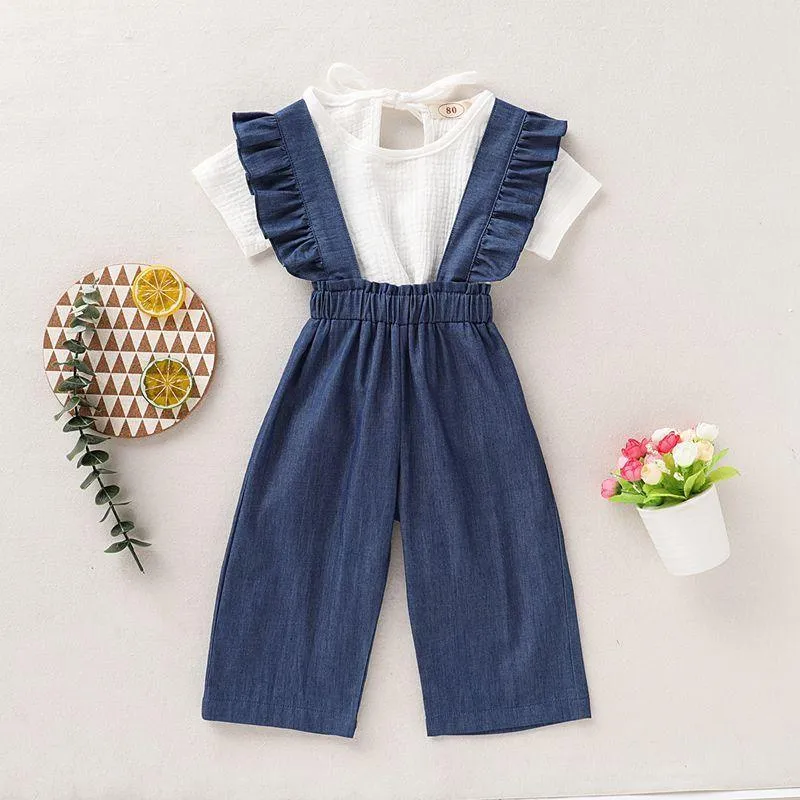 2-piece Solid T-shirt & Ruffle Denim Dungarees for Toddler Girl Wholesale children's clothing