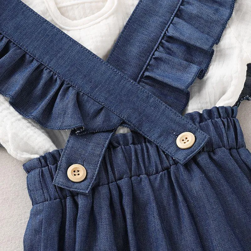 2-piece Solid T-shirt & Ruffle Denim Dungarees for Toddler Girl Wholesale children's clothing