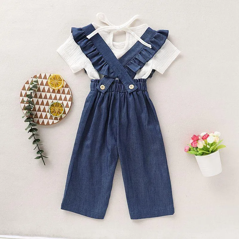 2-piece Solid T-shirt & Ruffle Denim Dungarees for Toddler Girl Wholesale children's clothing