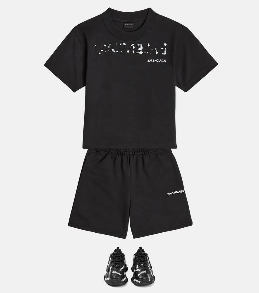 Balenciaga Kids Logo Cotton Shorts, Black