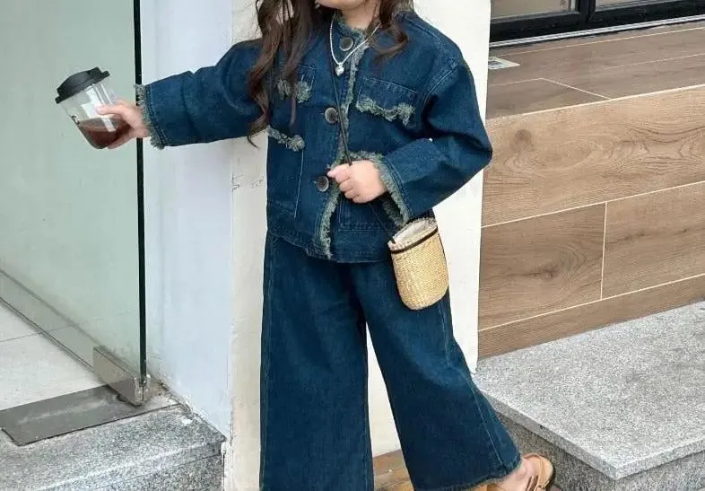 Blue Denim Distressed Jacket and Wide Leg Jeans Co-ord for Girls