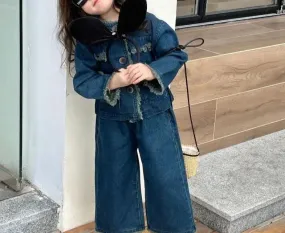 Blue Denim Distressed Jacket and Wide Leg Jeans Co-ord for Girls