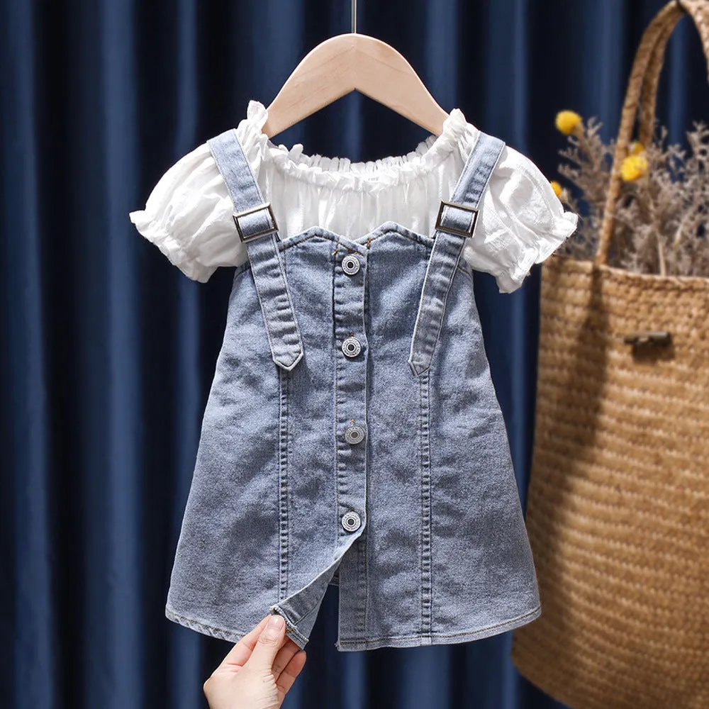 Children\'s Summer Denim Strap Skirt Baby Fashion Short Sleeve Two Piece Set