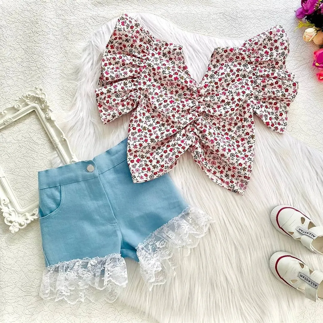 Cute Floral Shirt & Denim Shorts Set for Baby Girls