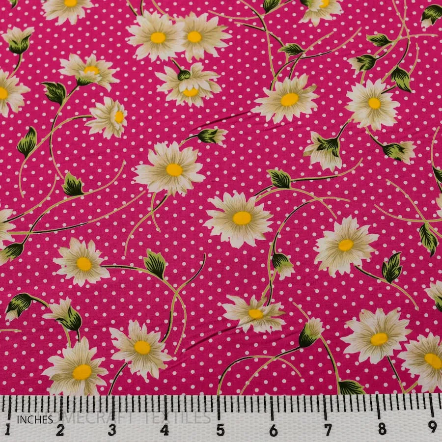 Daisies in Pink Floral Dots Cotton Print