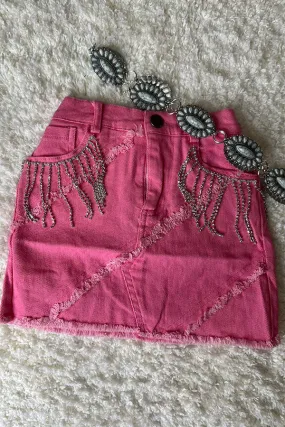 DLH2618 Solid pink denim girls skirt with rhinestone fringe