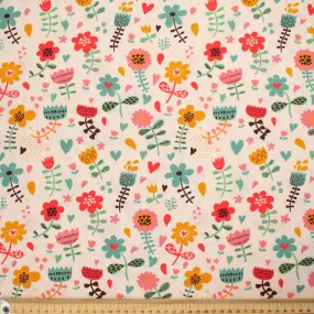 Flowers & Birds Cartoon Collection #12 Multi Colour Flower & Heart on Cream Cotton Prints