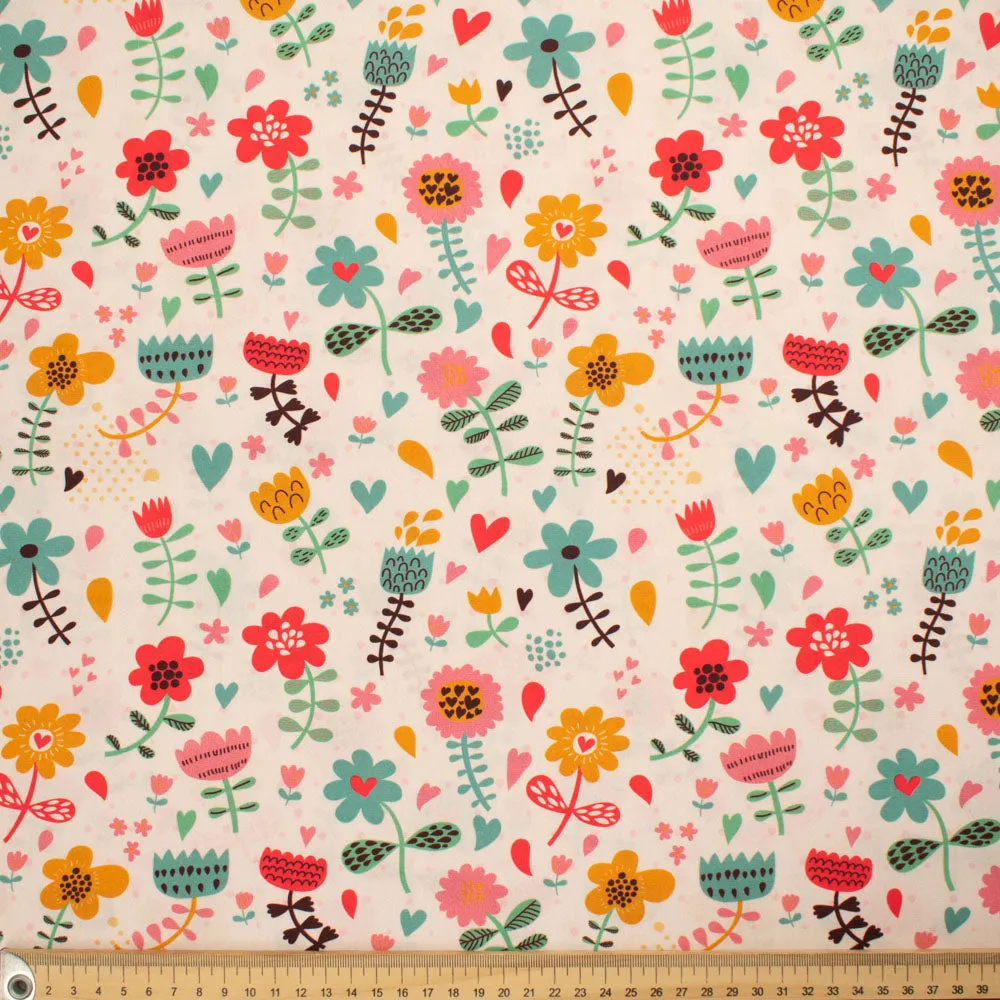 Flowers & Birds Cartoon Collection #12 Multi Colour Flower & Heart on Cream Cotton Prints