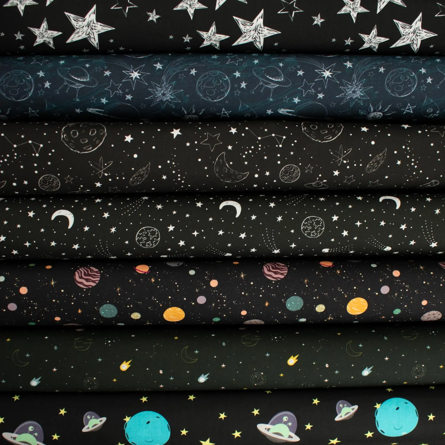 Galaxy Collection #05 White Multi Colour Planets & Stars on Black Cotton Prints