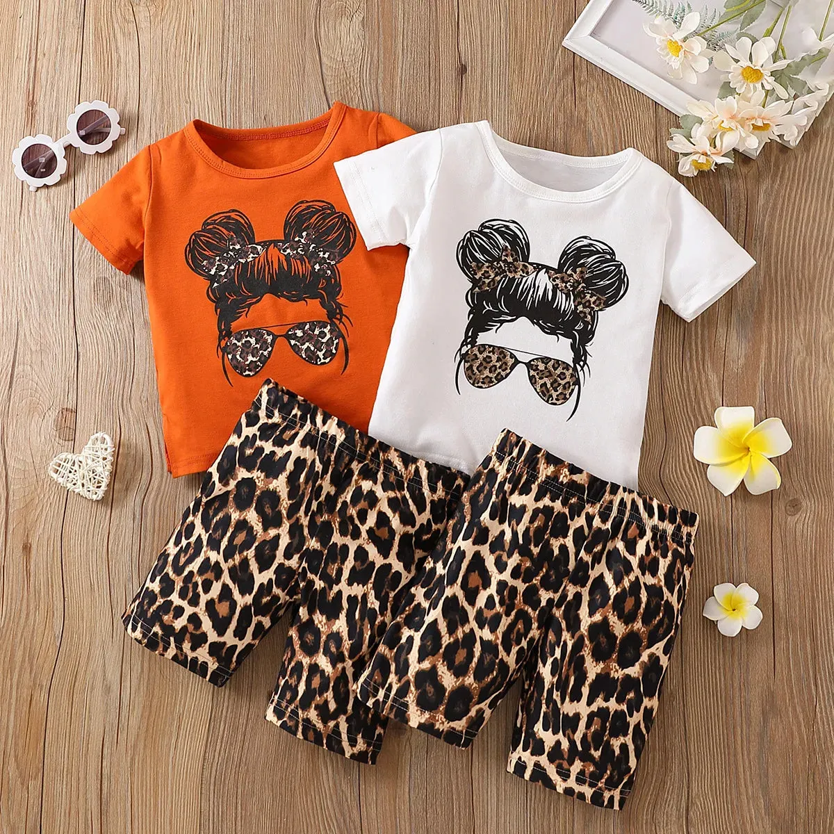 girls' printed tops, leopard shorts set*