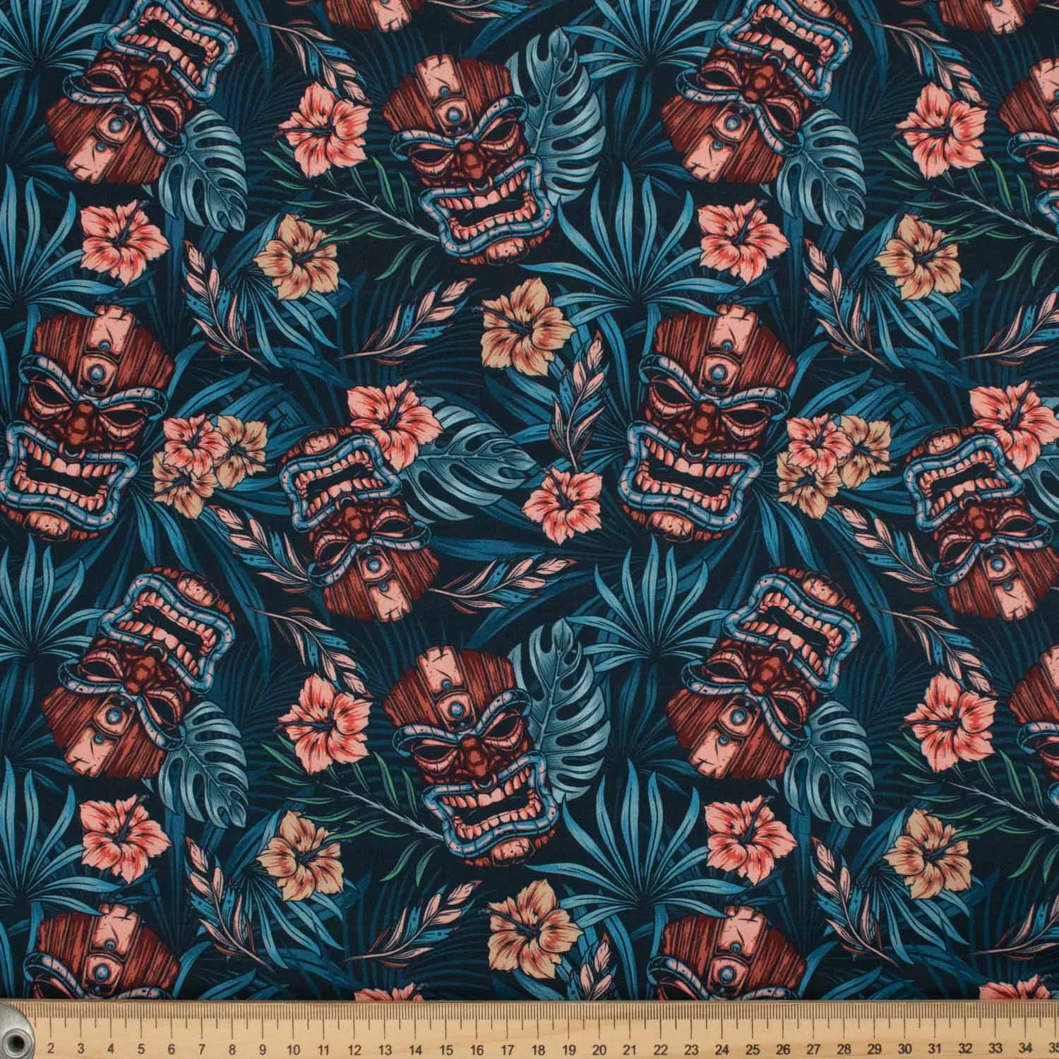 Gothic Characteristic Tone Series Wood Masks & Flowers on Blue Cotton Prints