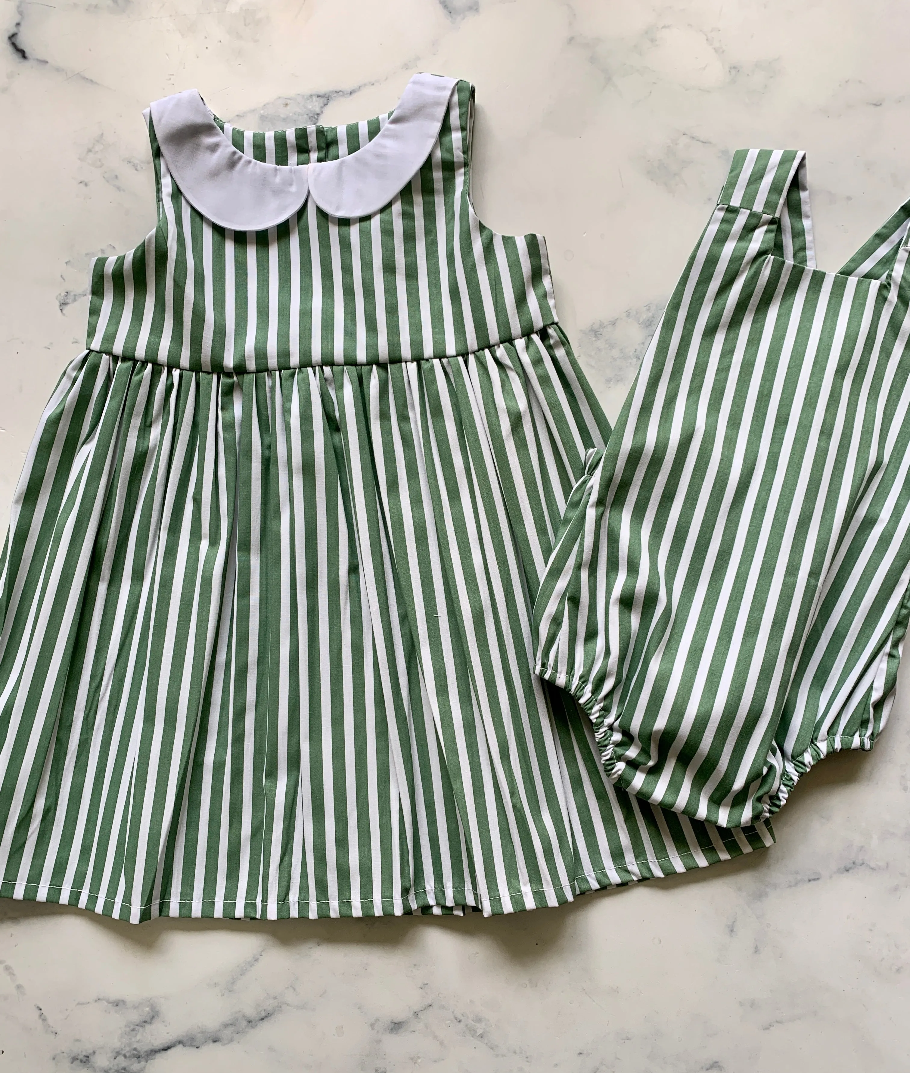 Green stripe white peter pan collar