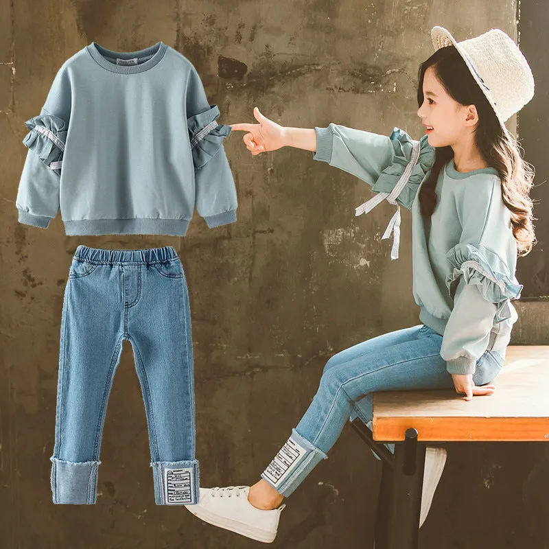 Lace sleeve jeans children's suit