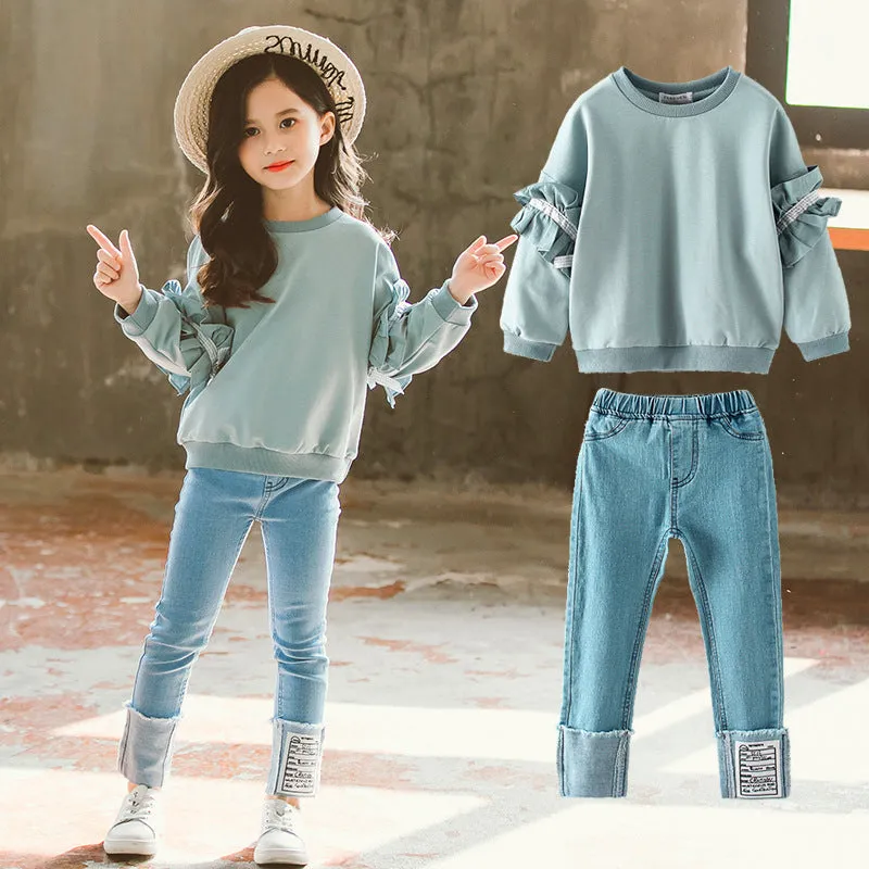 Lace sleeve jeans children's suit