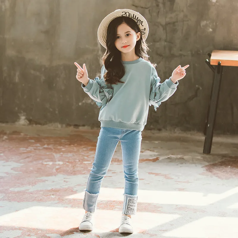 Lace sleeve jeans children's suit