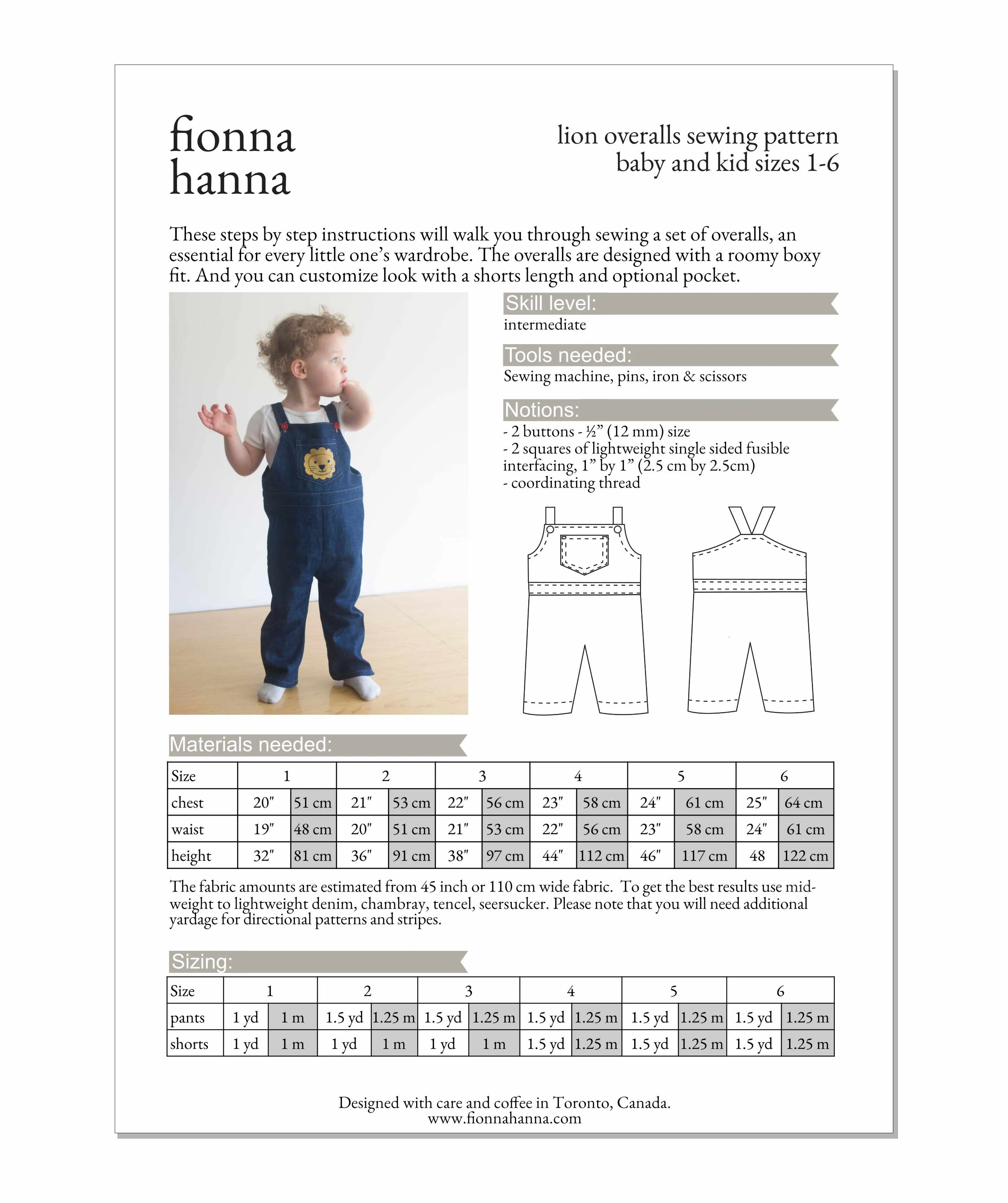 Lion Overalls Sewing Pattern for Kids