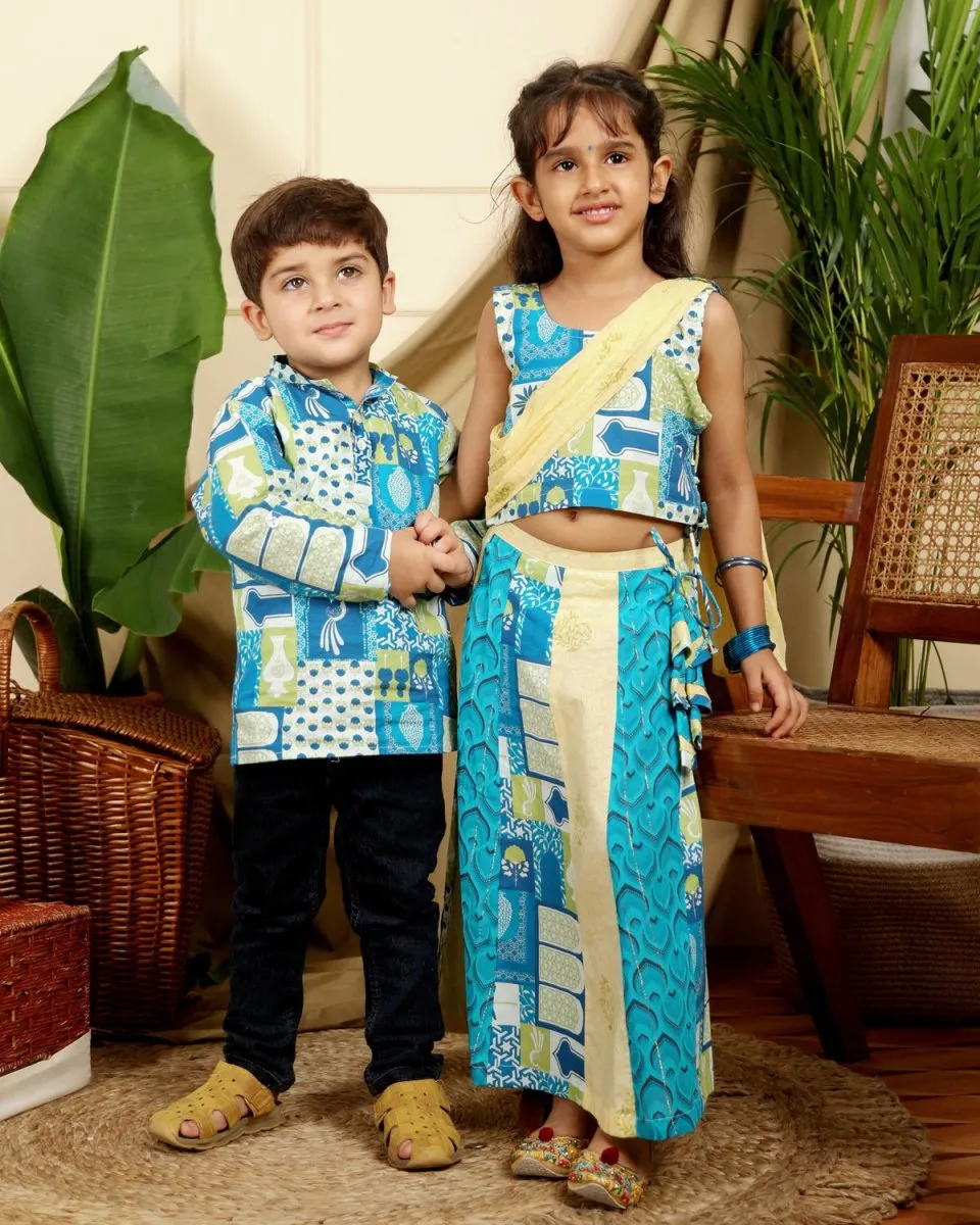 Manara Boys Ethnic Cotton Short Kurta in Blue Print