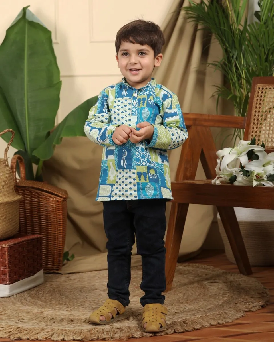 Manara Boys Ethnic Cotton Short Kurta in Blue Print