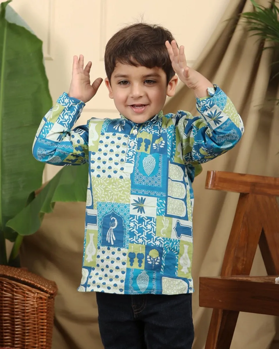 Manara Boys Ethnic Cotton Short Kurta in Blue Print