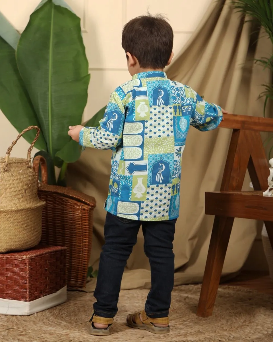 Manara Boys Ethnic Cotton Short Kurta in Blue Print