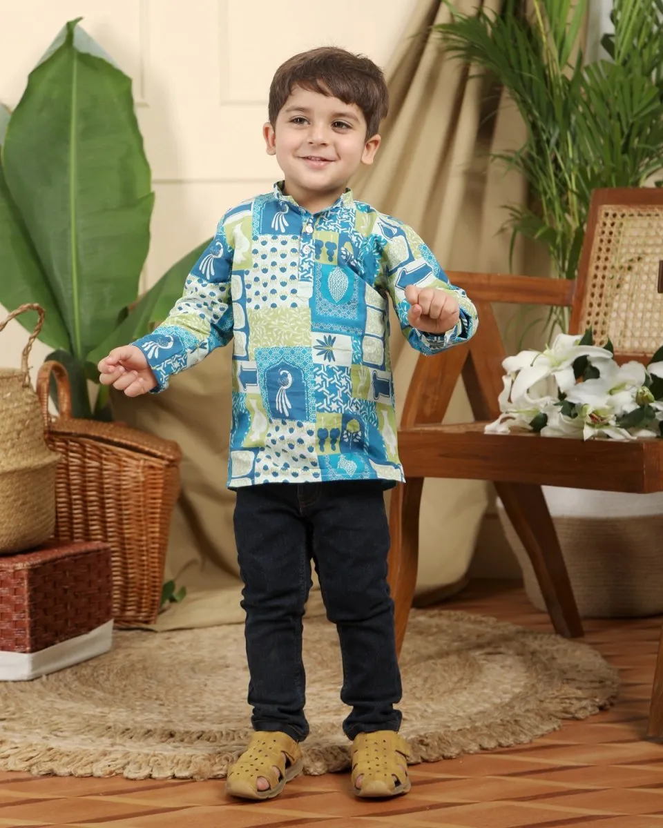 Manara Boys Ethnic Cotton Short Kurta in Blue Print