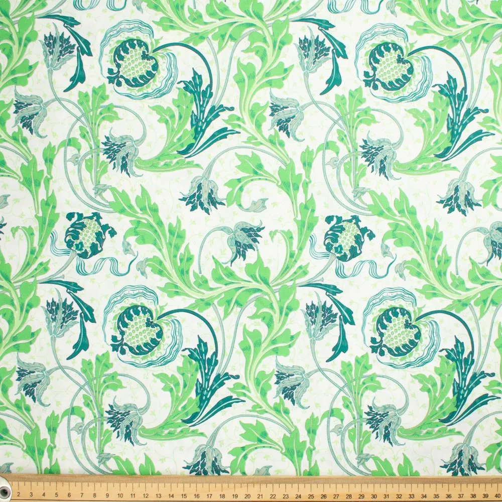 Maurice Style Collection #17 Green Big Leaves Vines on White Cotton Prints