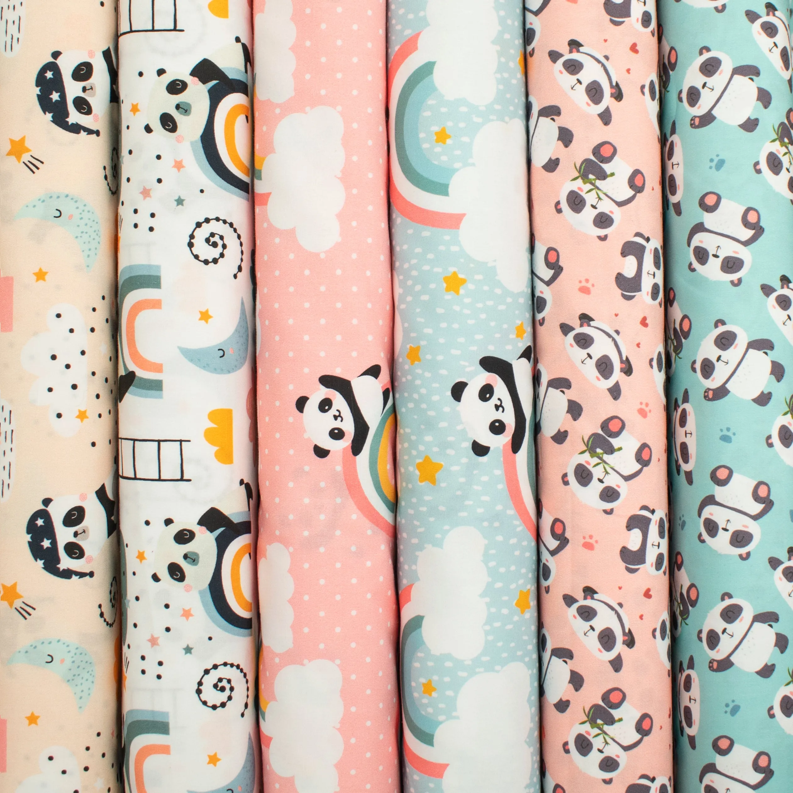 Panda Collection #03 Moon, Cloud, Rainbow & Pandas on White Cotton Prints