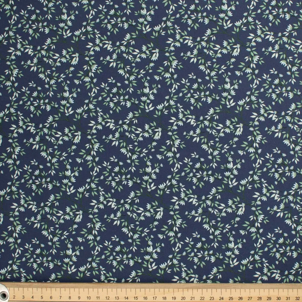 Petite Studio Blue Collection #05 Small Green Floral Vines on Dark Blue Cotton Prints