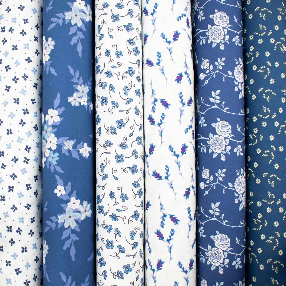 Petite Studio Blue Collection #05 Small Green Floral Vines on Dark Blue Cotton Prints