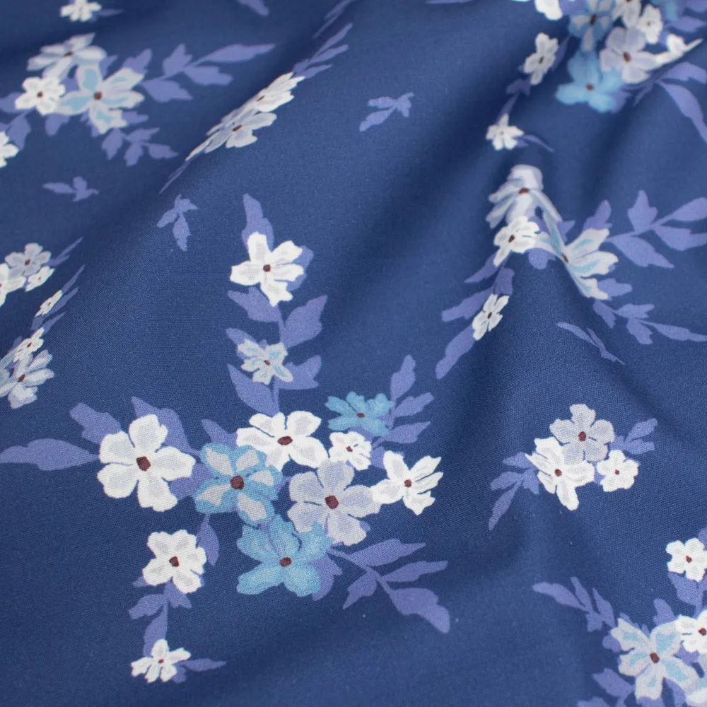 Petite Studio Blue Collection #06 Small White Flower & Lilac Leaves on Blue Cotton Prints