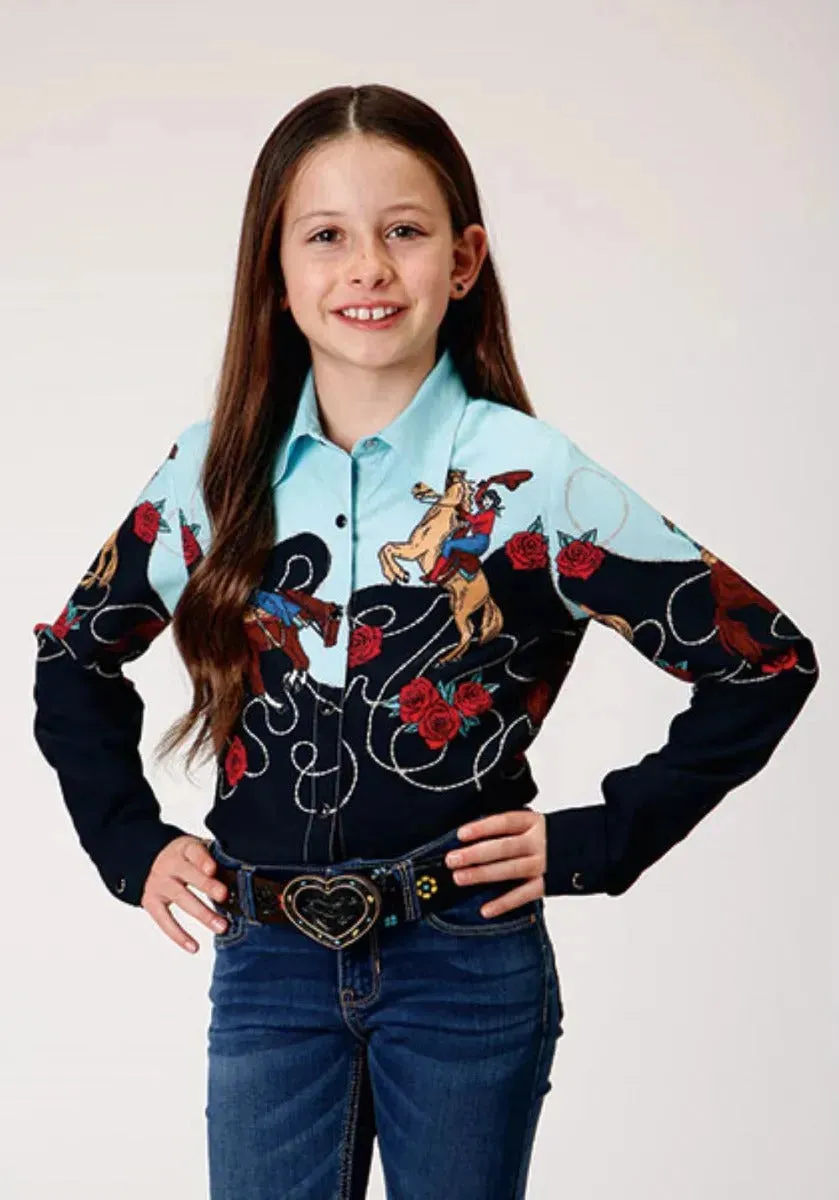 Roper Cowgirl Bordering (Black) - Girl's Western Snap Shirt