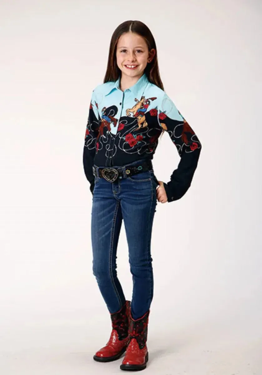 Roper Cowgirl Bordering (Black) - Girl's Western Snap Shirt