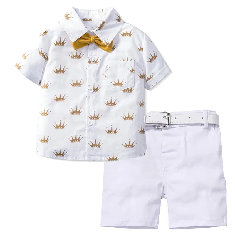 Sets of Summer Crown Print Polo T-Shirt and Shorts Bowtie Children's Clothing for Boy