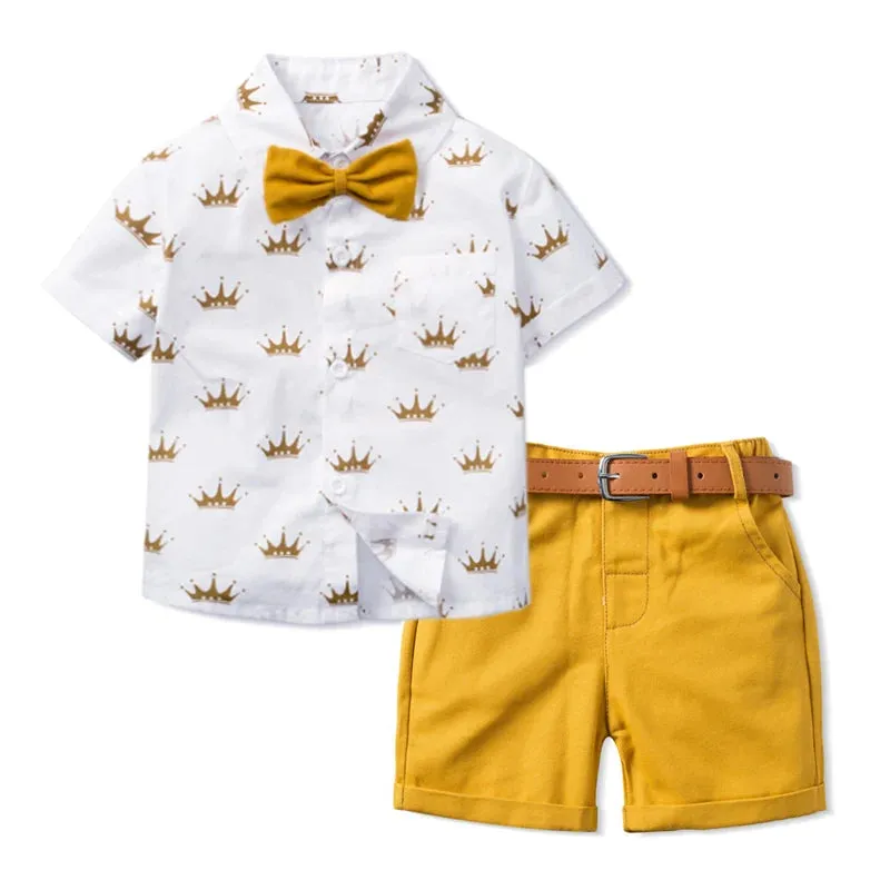 Sets of Summer Crown Print Polo T-Shirt and Shorts Bowtie Children's Clothing for Boy