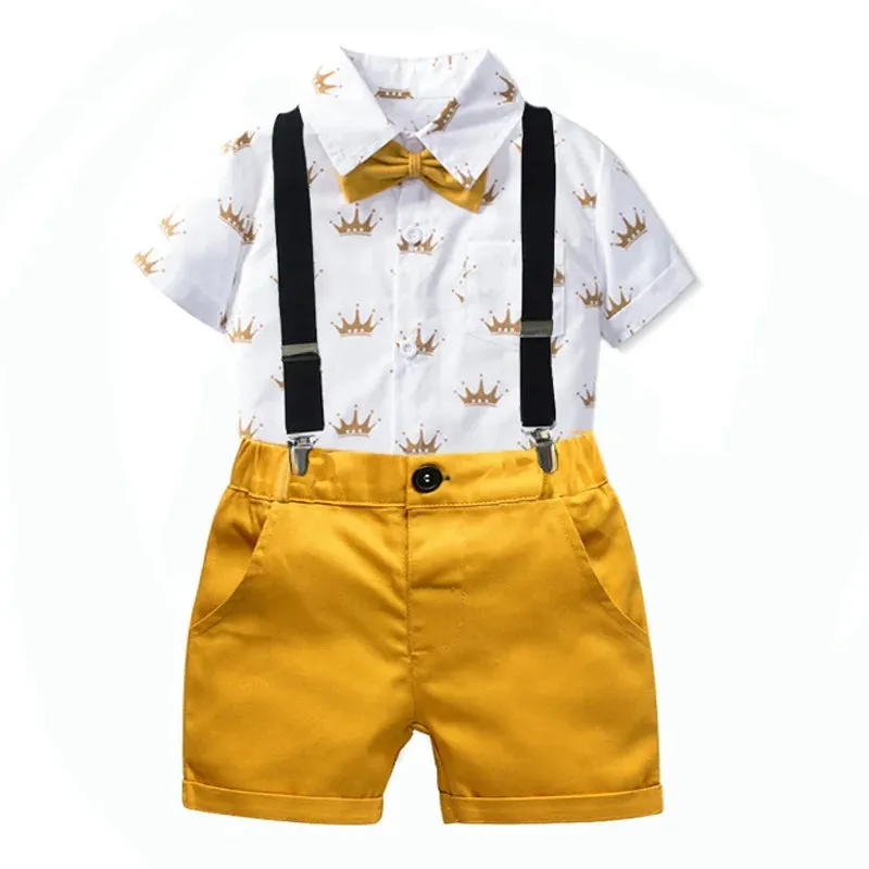 Sets of Summer Crown Print Polo T-Shirt and Shorts Bowtie Children's Clothing for Boy