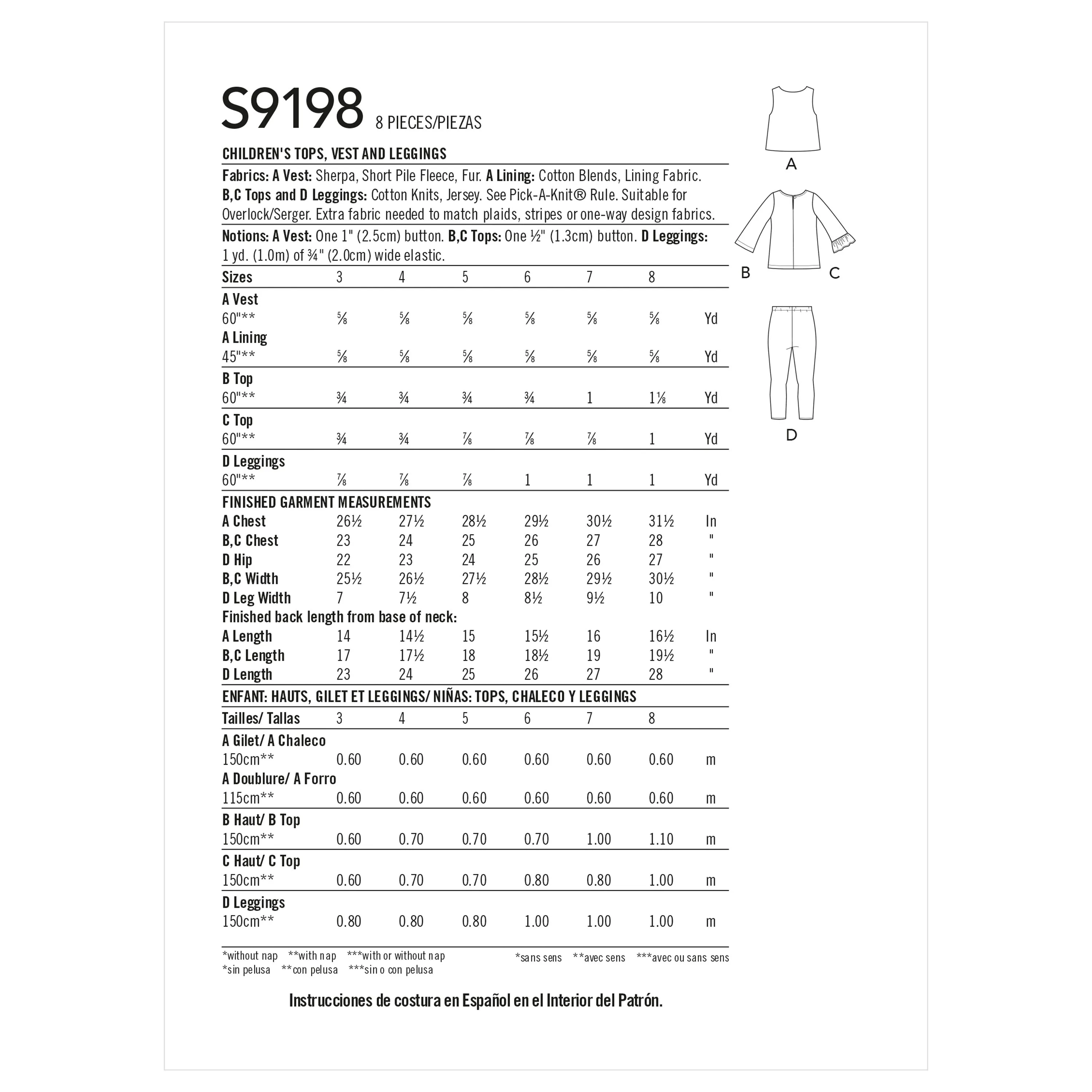 Simplicity Pattern S9198 Children's Tops, Vest & Leggings