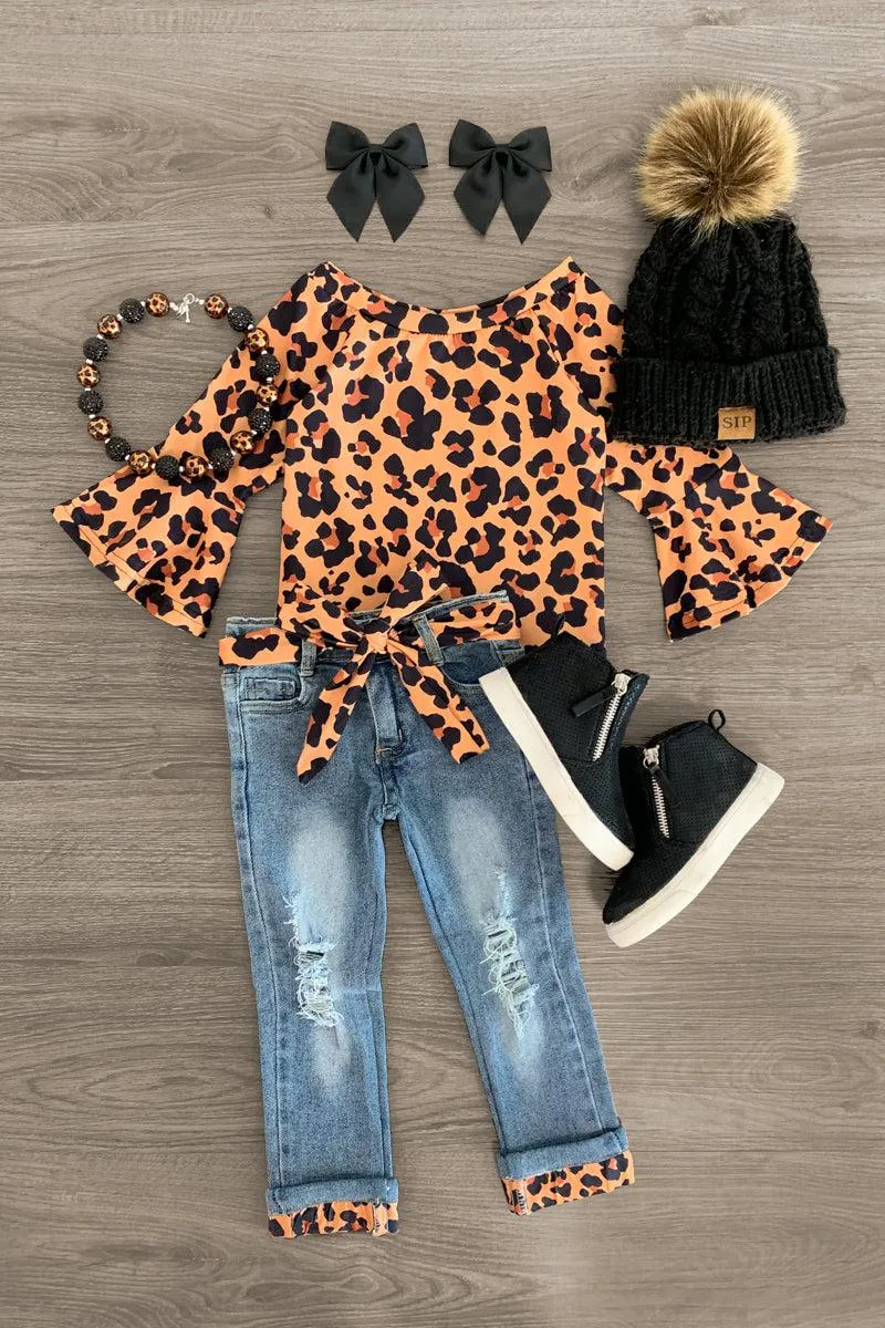 Tan Leopard Distressed Denim Pant Set