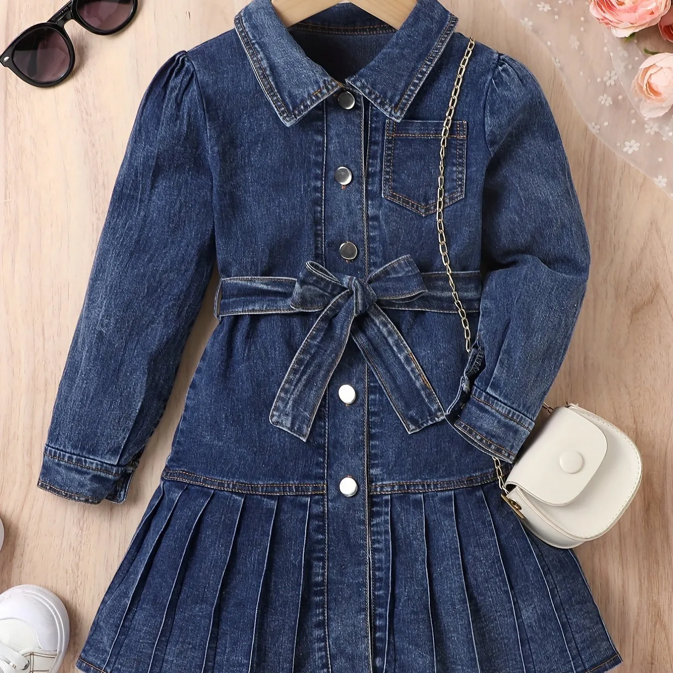 Trendy Girls’ Denim Dress with Collar & Bow Belt