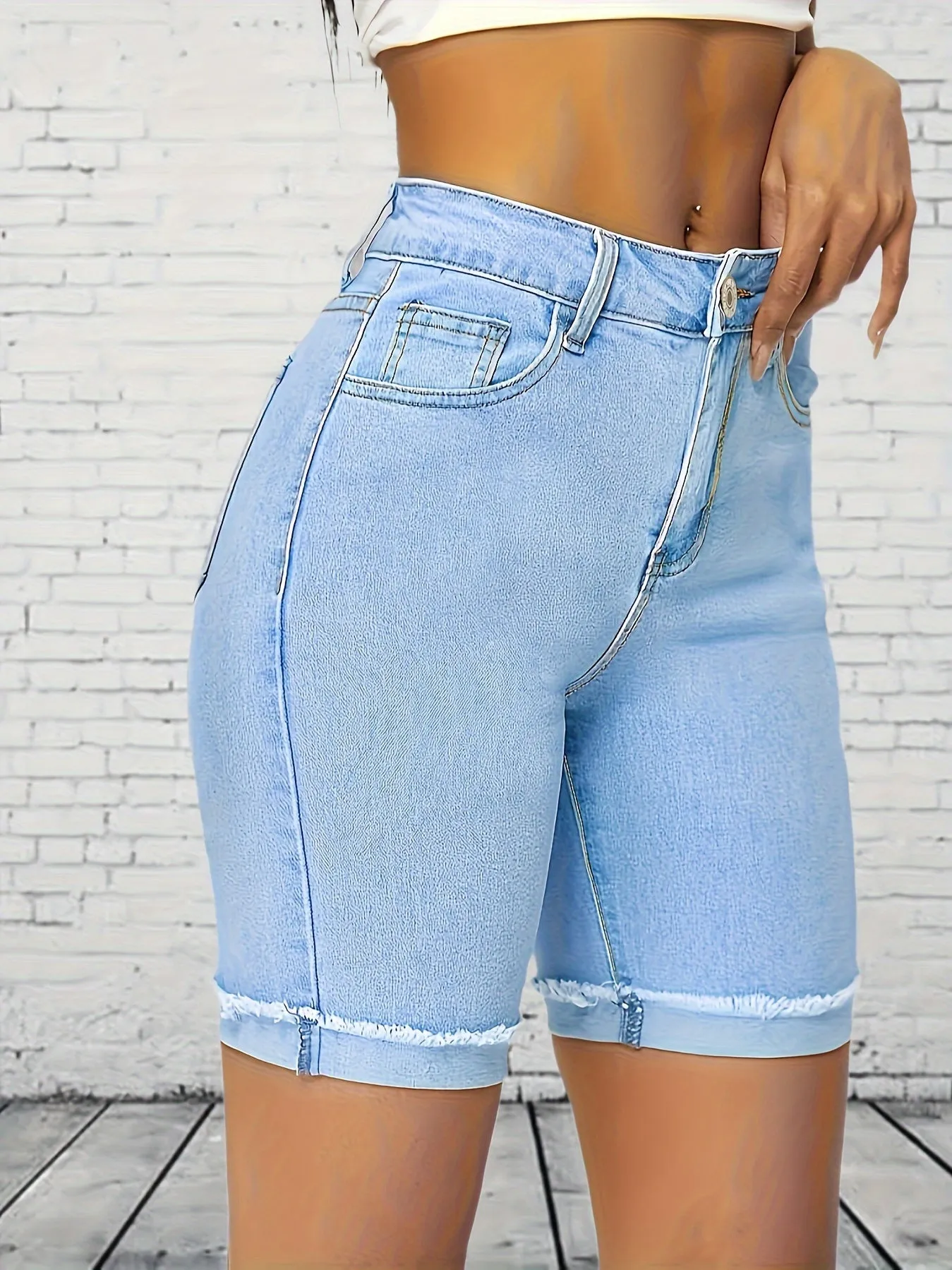 Womens Chic Light Blue Denim Bermuda Shorts - High Waist, Stretchy, Frayed Hem, Mid-Length, Casual & Stylish